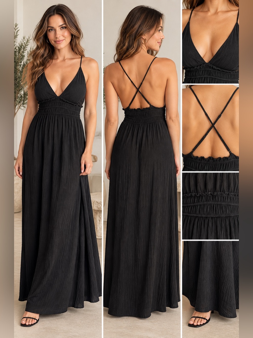 Dynamite Black Maxi Dress Smocked Waist Cross Back Straps